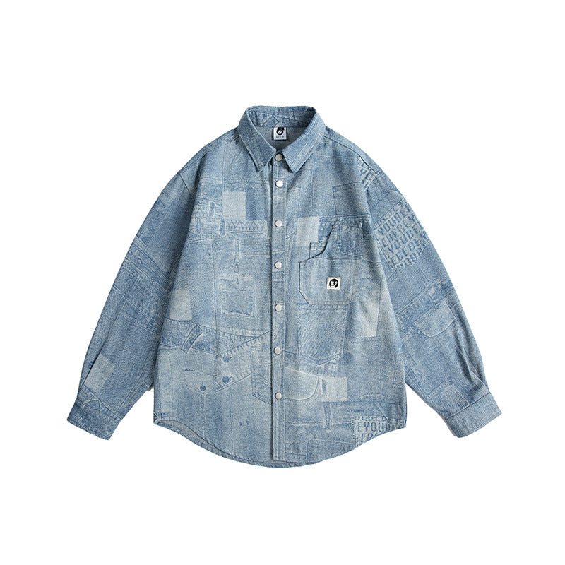 Vintage patchwork denim long sleeved men's and women's loose casual shirts