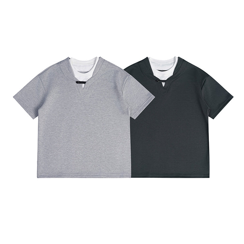 Fake two casual T-shirts for men and women with loose half sleeves