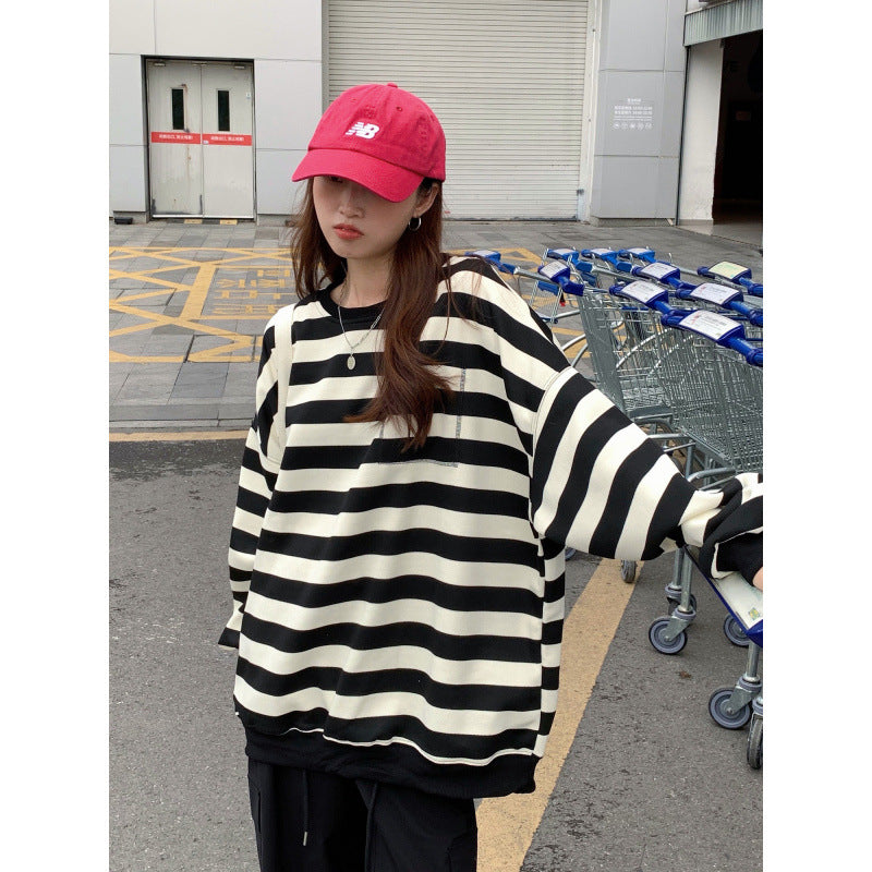 Relaxed Striped Crew Neck Sweatshirt for Women