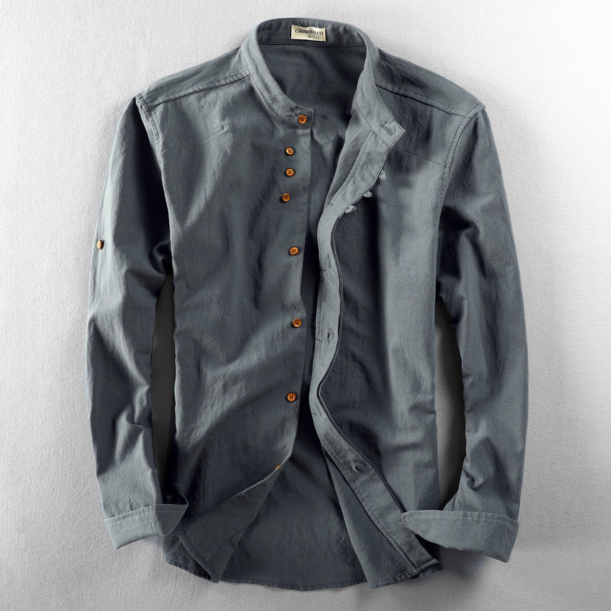 New men's casual linen shirt in autumn and winter, Chinese style stand up collar cotton linen shirt