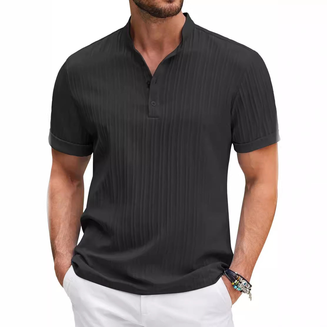 Retro cotton and linen striped Henry shirt casual loose fit shirt