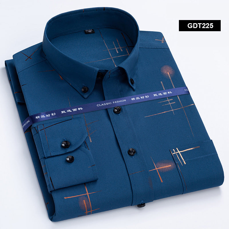 Spring and Autumn Men's Non iron Wrinkle Resistant Shirts Business Casual Gold Plated Checkered Shirt Trend