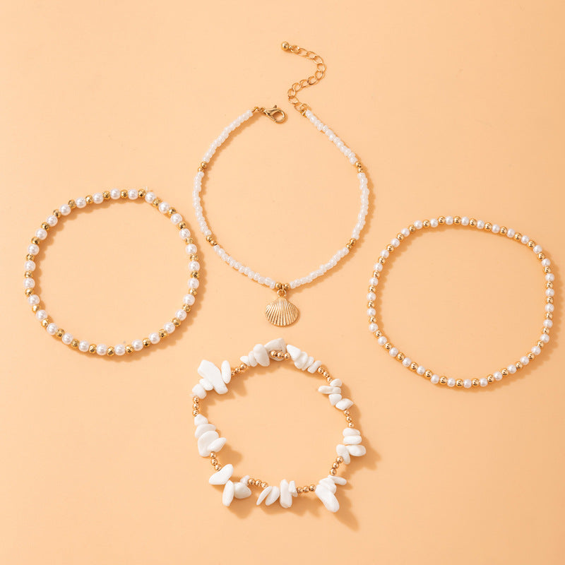 Beach Style Footwear Gravel Beaded Multi-layer Anklet Pearl Shell Four-layer Anklet