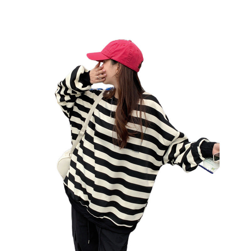 Relaxed Striped Crew Neck Sweatshirt for Women