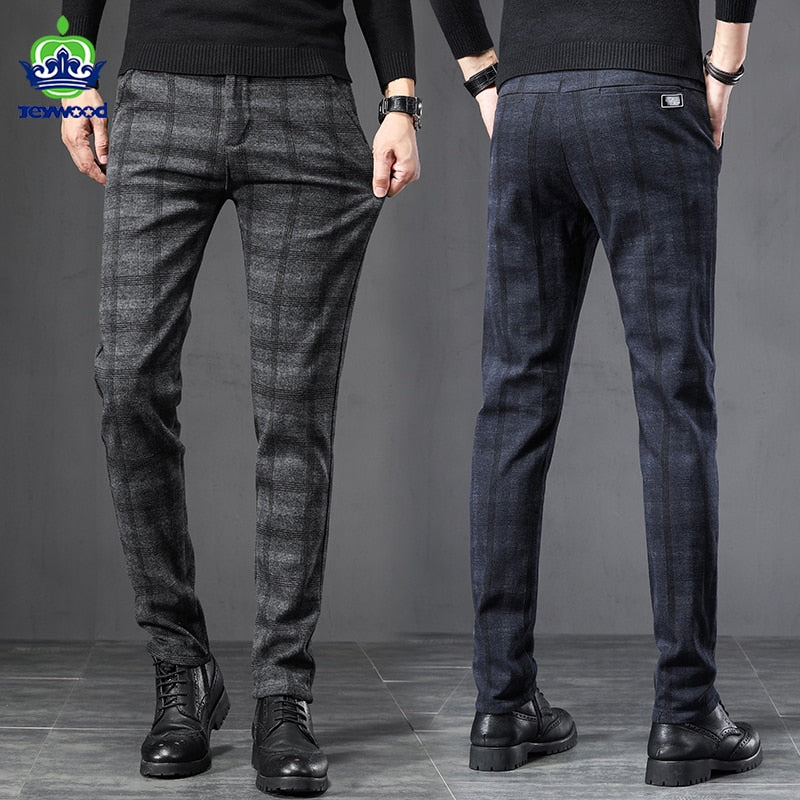 Spring Autumn England Plaid Work Stretch Pants Men Business Fashion Slim Fit Grey Blue Casual Pant Male Brand Trousers 38