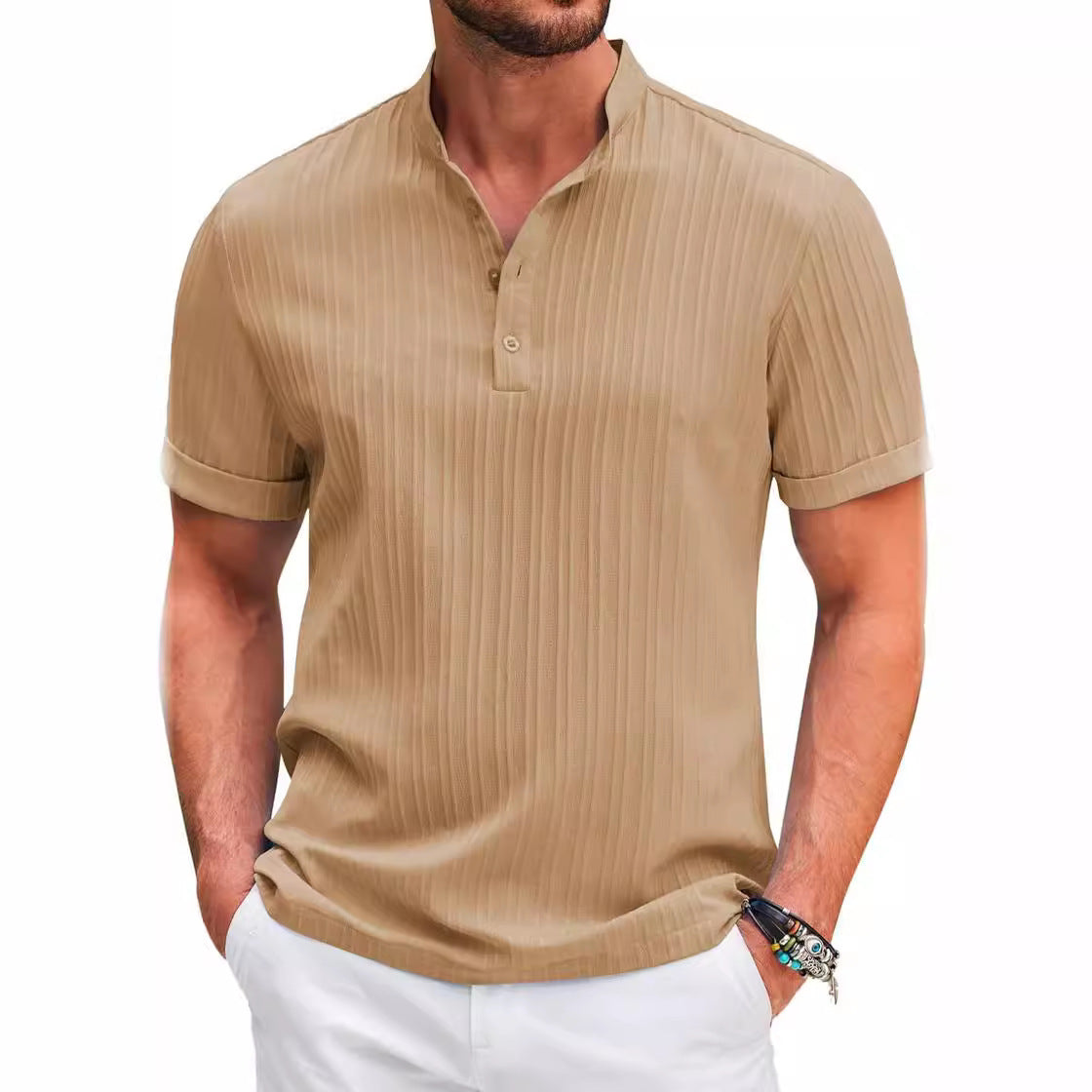 Retro cotton and linen striped Henry shirt casual loose fit shirt