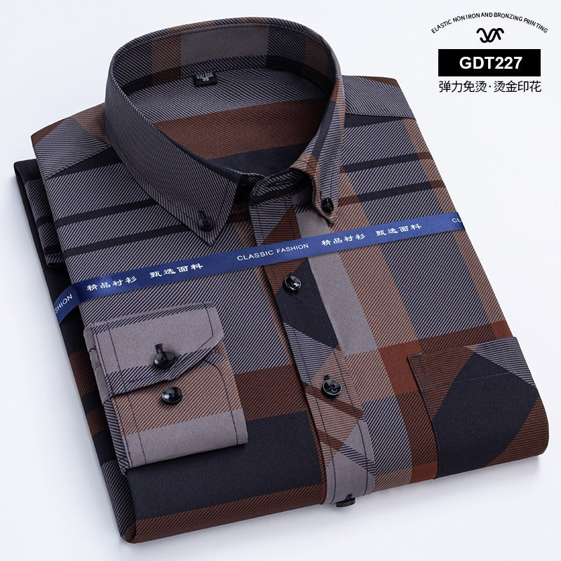 Spring and Autumn Men's Non iron Wrinkle Resistant Shirts Business Casual Gold Plated Checkered Shirt Trend
