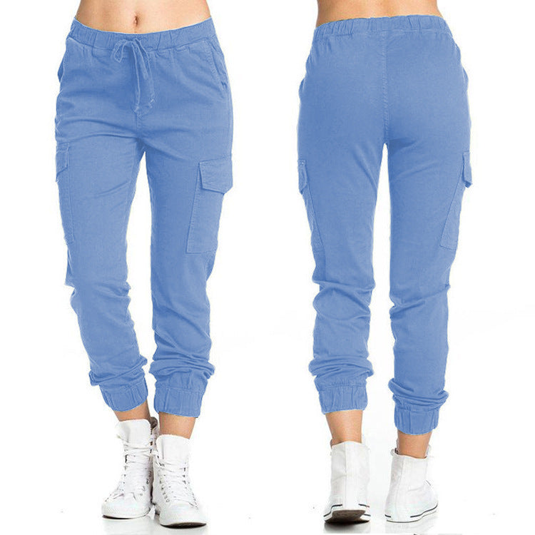 New Solid Jogger Women's Cargo Pants Multi-Pocket Drawstring Elastic Waist Women Sports Pants Streetwear Casual Long Pant