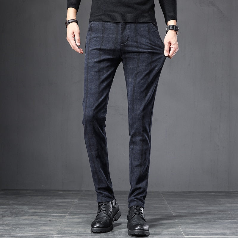 Spring Autumn England Plaid Work Stretch Pants Men Business Fashion Slim Fit Grey Blue Casual Pant Male Brand Trousers 38