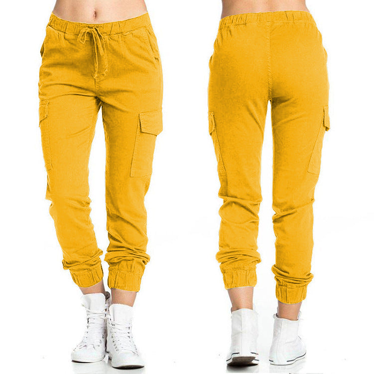 New Solid Jogger Women's Cargo Pants Multi-Pocket Drawstring Elastic Waist Women Sports Pants Streetwear Casual Long Pant