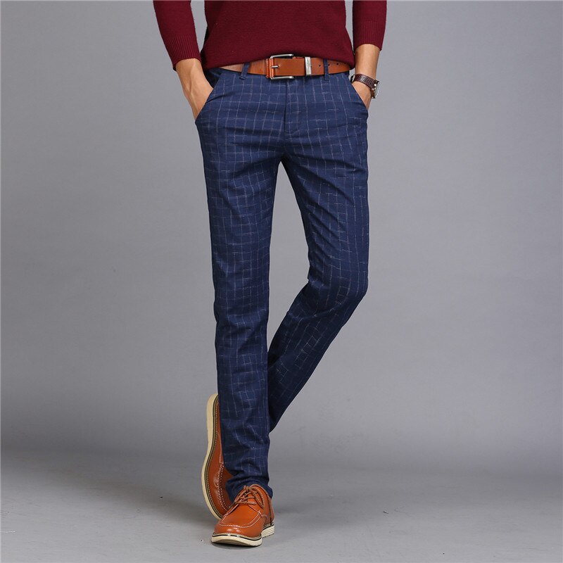New Design Upscale Men Casual Pants Cotton and Linen Slim Male Pant Straight Trousers Business Plaid Pants Men Plus Size 38