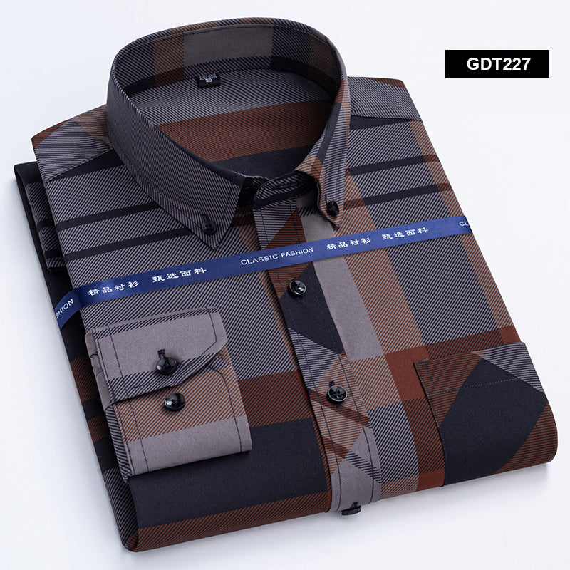 Spring and Autumn Men's Non iron Wrinkle Resistant Shirts Business Casual Gold Plated Checkered Shirt Trend