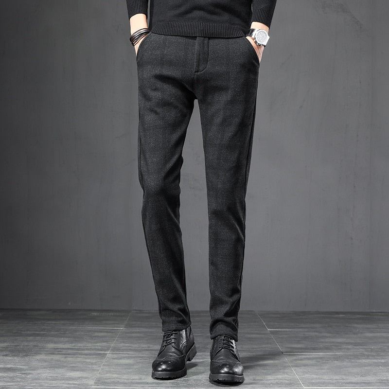 Spring Autumn England Plaid Work Stretch Pants Men Business Fashion Slim Fit Grey Blue Casual Pant Male Brand Trousers 38