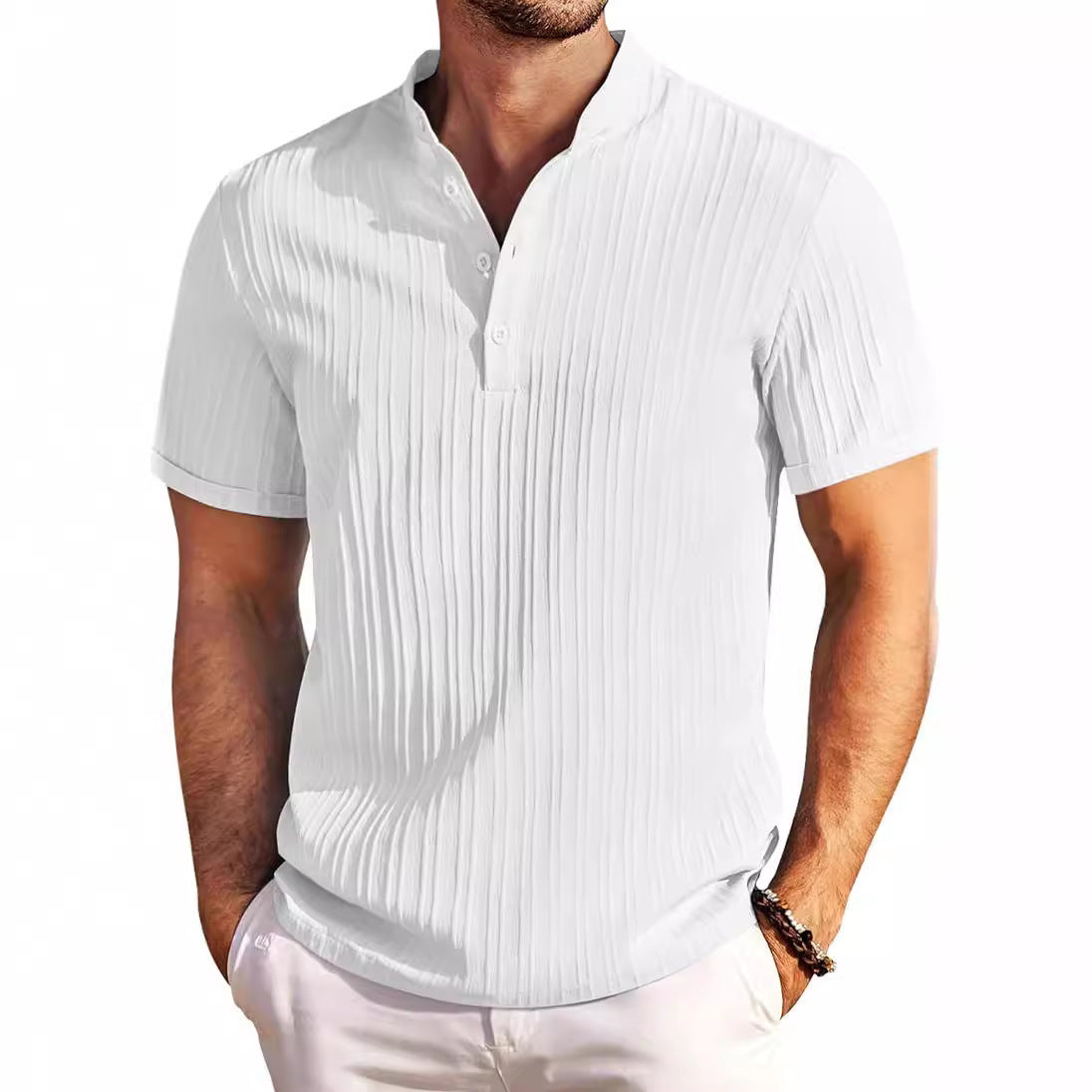 Retro cotton and linen striped Henry shirt casual loose fit shirt