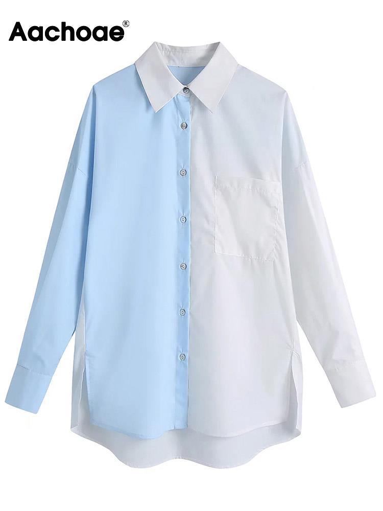 Aachoae Women Fashion Patchwork Blouses Shirts Casual Turn Down Collar Long Sleeve Shirts Tops Casual Single Breasted Shirts
