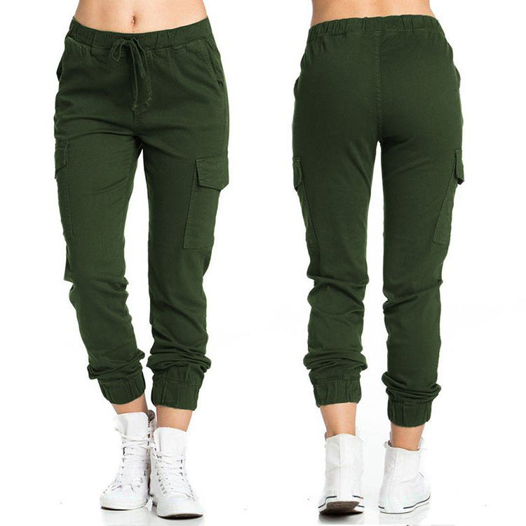 New Solid Jogger Women's Cargo Pants Multi-Pocket Drawstring Elastic Waist Women Sports Pants Streetwear Casual Long Pant
