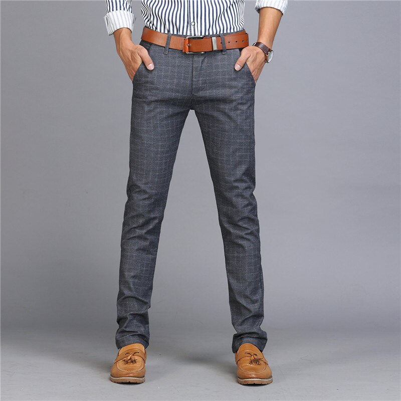 New Design Upscale Men Casual Pants Cotton and Linen Slim Male Pant Straight Trousers Business Plaid Pants Men Plus Size 38