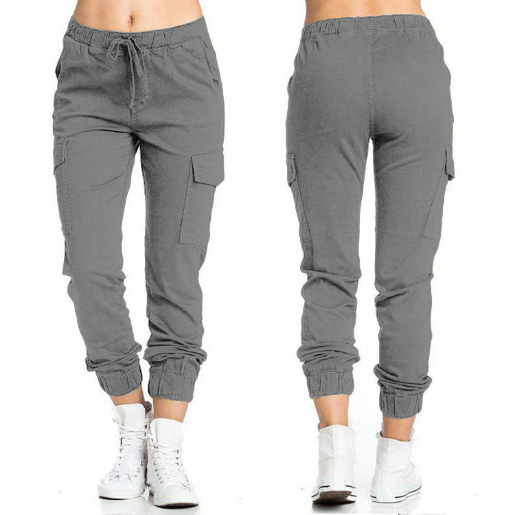 New Solid Jogger Women's Cargo Pants Multi-Pocket Drawstring Elastic Waist Women Sports Pants Streetwear Casual Long Pant