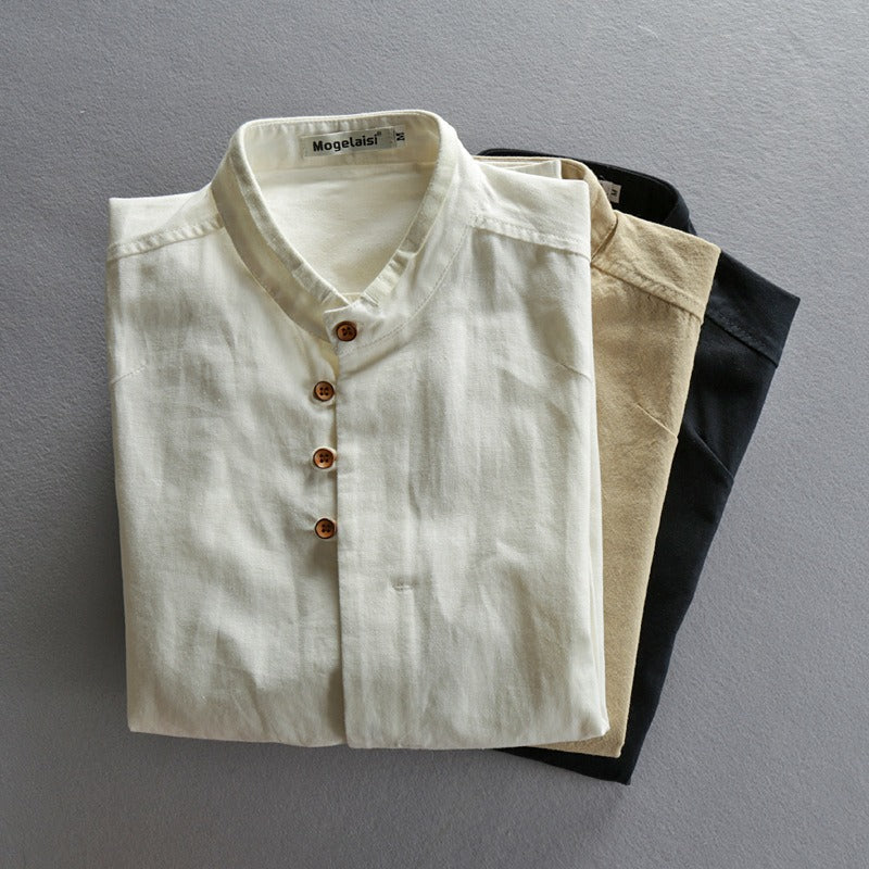 New men's casual linen shirt in autumn and winter, Chinese style stand up collar cotton linen shirt