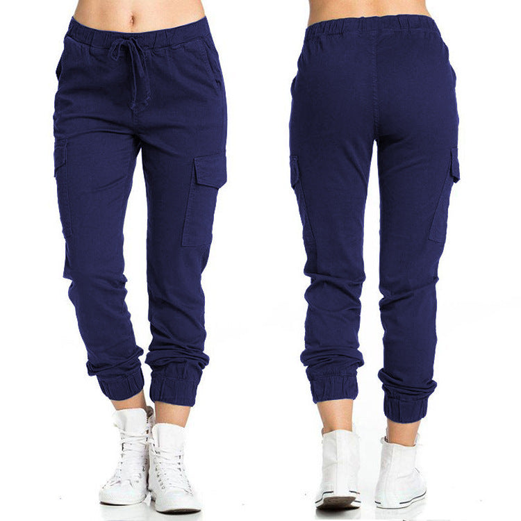 New Solid Jogger Women's Cargo Pants Multi-Pocket Drawstring Elastic Waist Women Sports Pants Streetwear Casual Long Pant