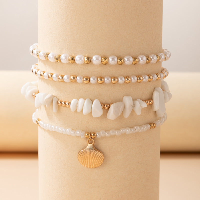 Beach Style Footwear Gravel Beaded Multi-layer Anklet Pearl Shell Four-layer Anklet