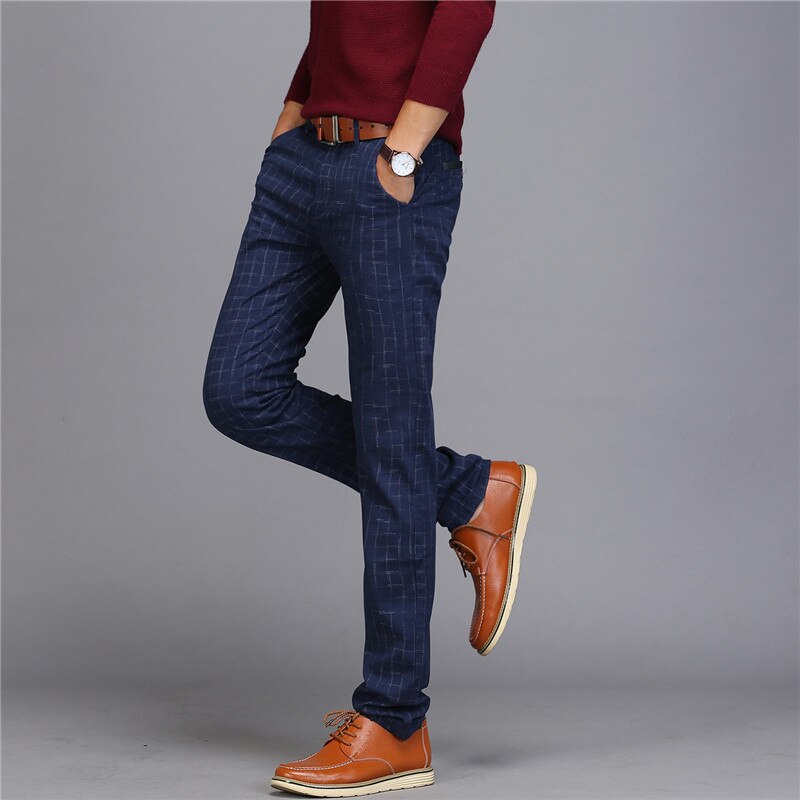 New Design Upscale Men Casual Pants Cotton and Linen Slim Male Pant Straight Trousers Business Plaid Pants Men Plus Size 38
