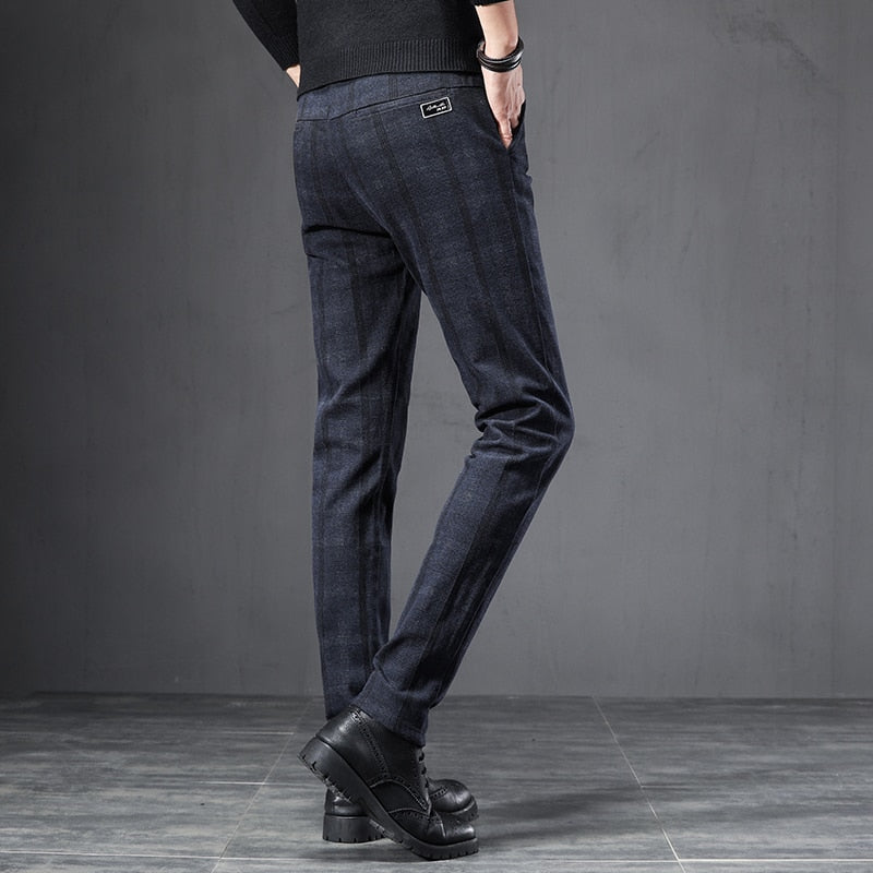 Spring Autumn England Plaid Work Stretch Pants Men Business Fashion Slim Fit Grey Blue Casual Pant Male Brand Trousers 38