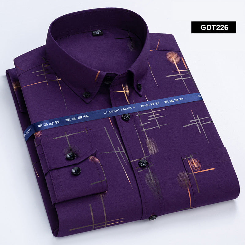 Spring and Autumn Men's Non iron Wrinkle Resistant Shirts Business Casual Gold Plated Checkered Shirt Trend