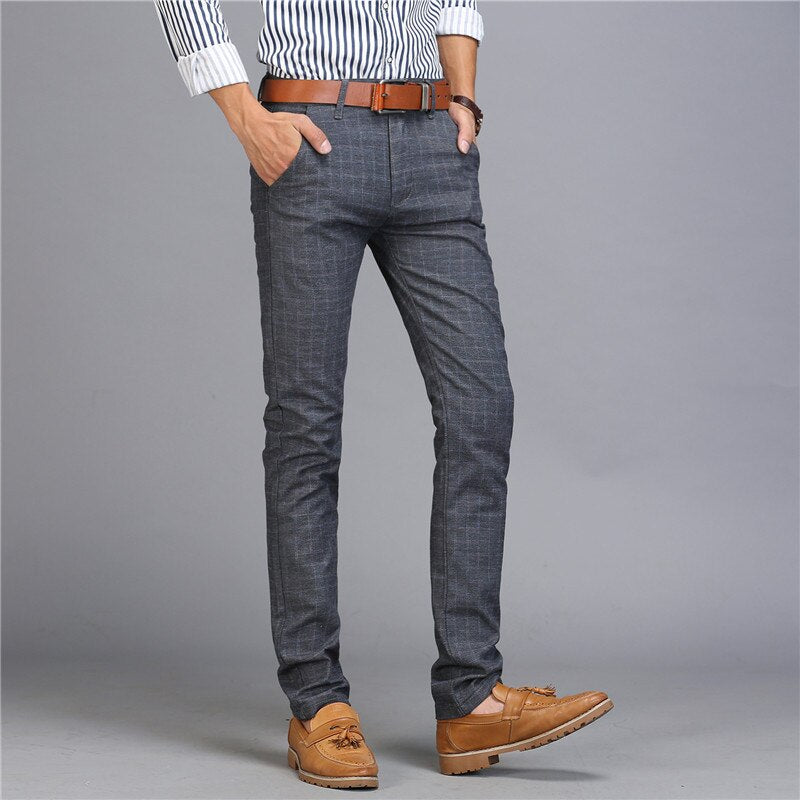 New Design Upscale Men Casual Pants Cotton and Linen Slim Male Pant Straight Trousers Business Plaid Pants Men Plus Size 38