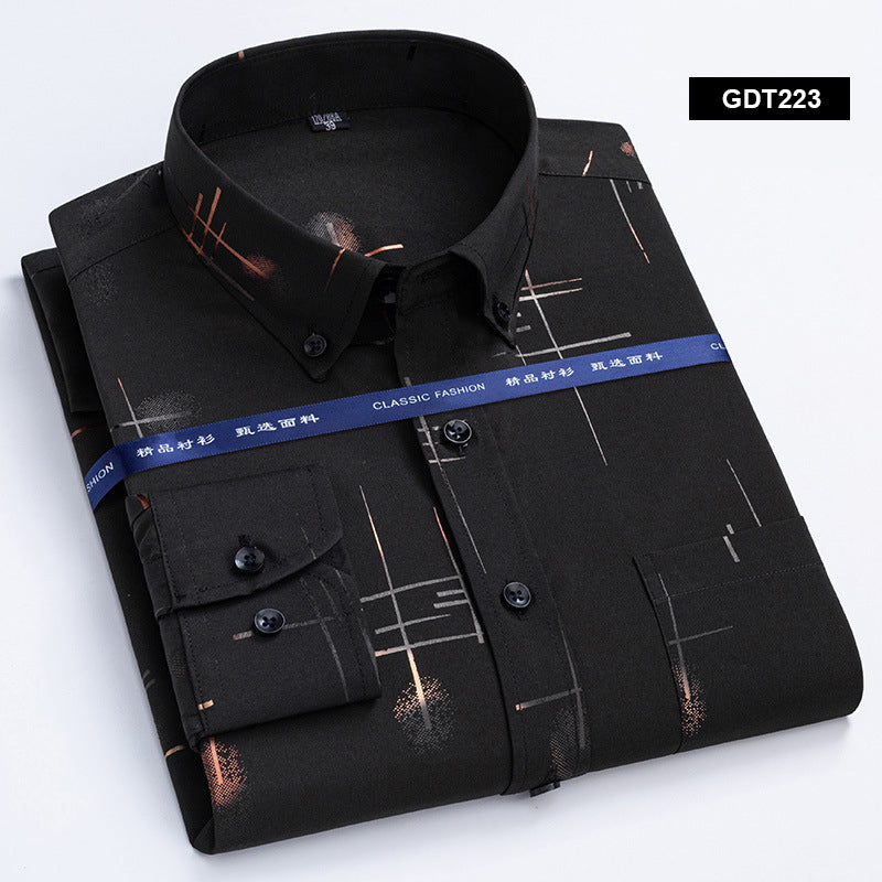 Spring and Autumn Men's Non iron Wrinkle Resistant Shirts Business Casual Gold Plated Checkered Shirt Trend