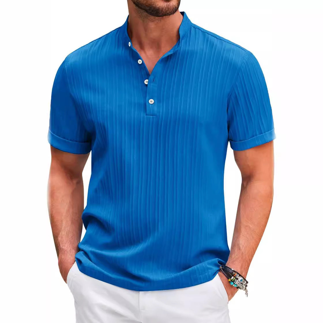 Retro cotton and linen striped Henry shirt casual loose fit shirt