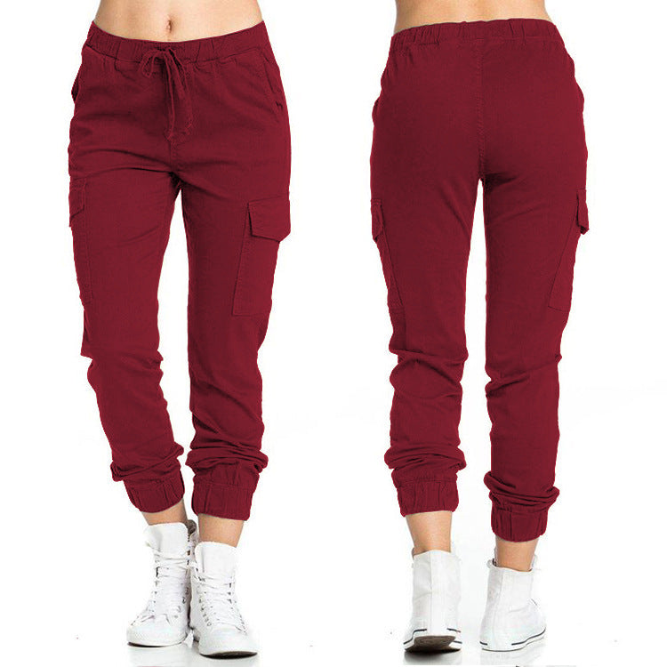 New Solid Jogger Women's Cargo Pants Multi-Pocket Drawstring Elastic Waist Women Sports Pants Streetwear Casual Long Pant