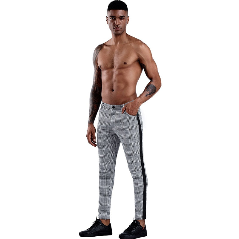 Brand Plaid Pants Men Elastic Male Skinny Trousers Bottom Tight Male Pant Streetwear Sweatpants Casual Joggers Men Pants
