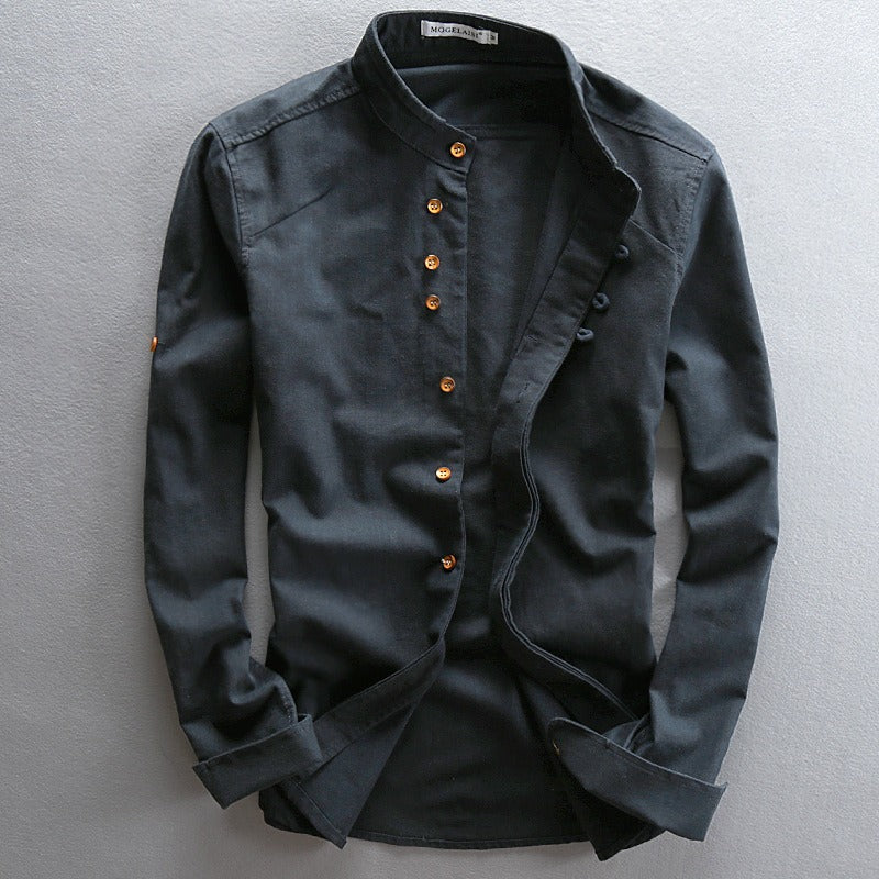 New men's casual linen shirt in autumn and winter, Chinese style stand up collar cotton linen shirt