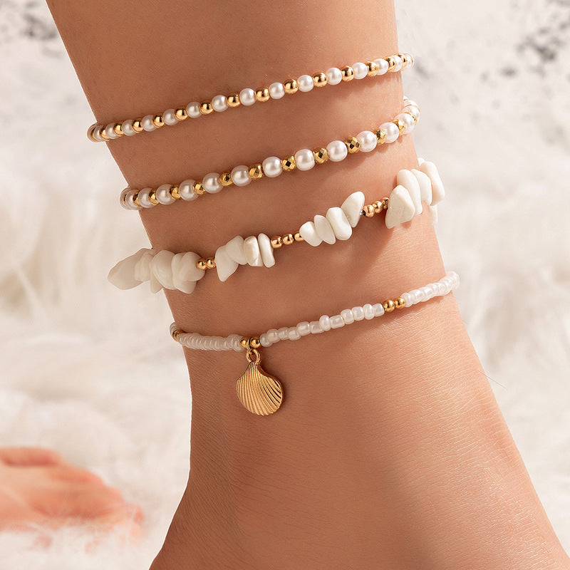 Beach Style Footwear Gravel Beaded Multi-layer Anklet Pearl Shell Four-layer Anklet