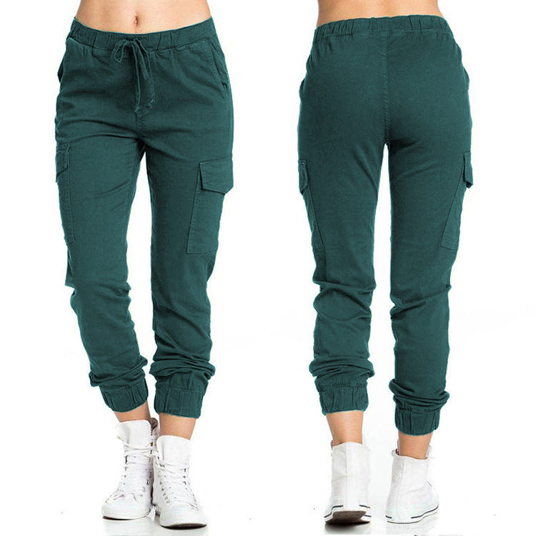 New Solid Jogger Women's Cargo Pants Multi-Pocket Drawstring Elastic Waist Women Sports Pants Streetwear Casual Long Pant
