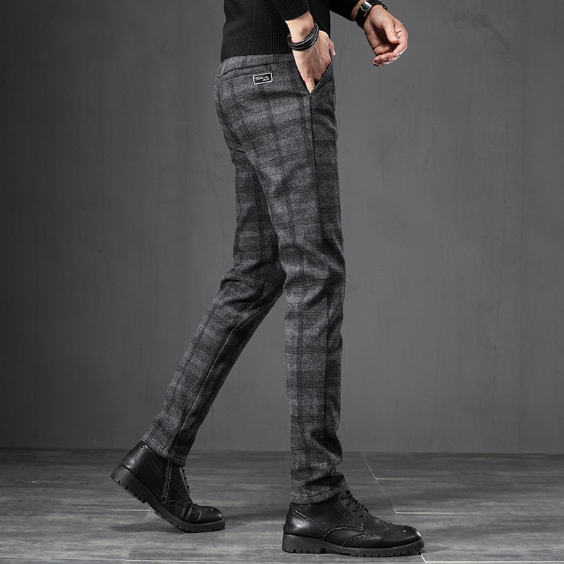 Spring Autumn England Plaid Work Stretch Pants Men Business Fashion Slim Fit Grey Blue Casual Pant Male Brand Trousers 38
