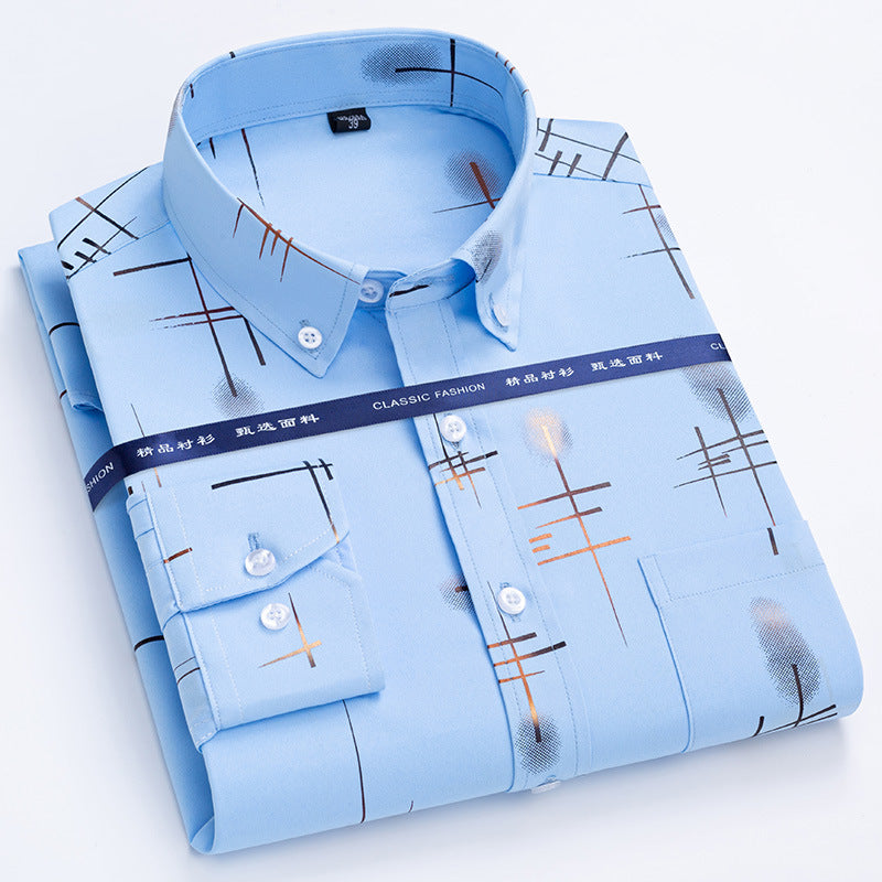 Spring and Autumn Men's Non iron Wrinkle Resistant Shirts Business Casual Gold Plated Checkered Shirt Trend