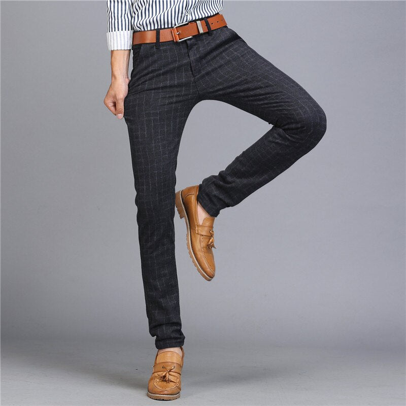 New Design Upscale Men Casual Pants Cotton and Linen Slim Male Pant Straight Trousers Business Plaid Pants Men Plus Size 38