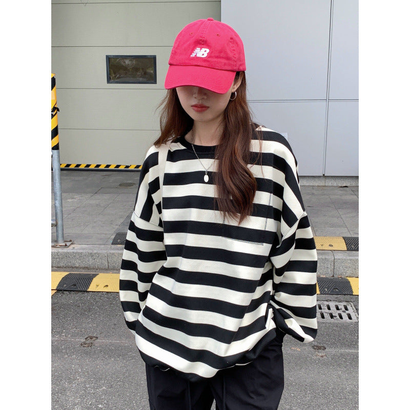 Relaxed Striped Crew Neck Sweatshirt for Women