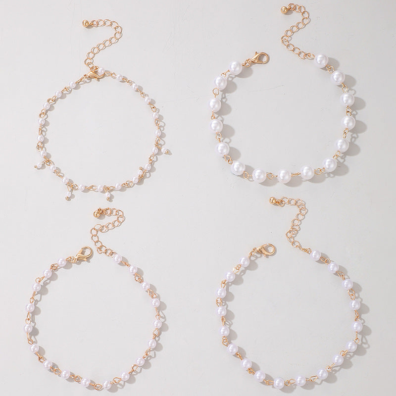 Fashion Simple Footwear Pearl Beaded Multi-layer Anklet Geometric Chain Four-layer Anklet