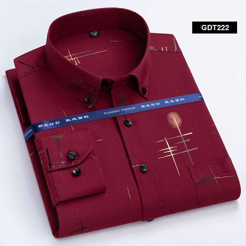 Spring and Autumn Men's Non iron Wrinkle Resistant Shirts Business Casual Gold Plated Checkered Shirt Trend