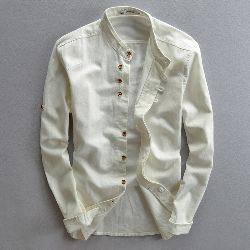New men's casual linen shirt in autumn and winter, Chinese style stand up collar cotton linen shirt