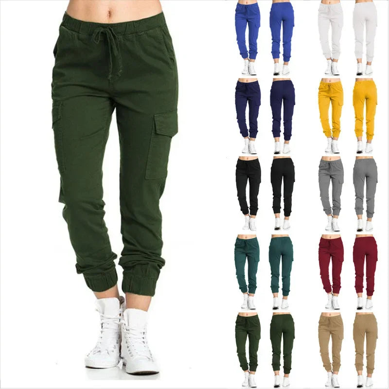 New Solid Jogger Women's Cargo Pants Multi-Pocket Drawstring Elastic Waist Women Sports Pants Streetwear Casual Long Pant