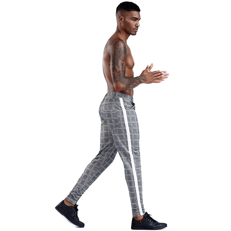 Brand Plaid Pants Men Elastic Male Skinny Trousers Bottom Tight Male Pant Streetwear Sweatpants Casual Joggers Men Pants