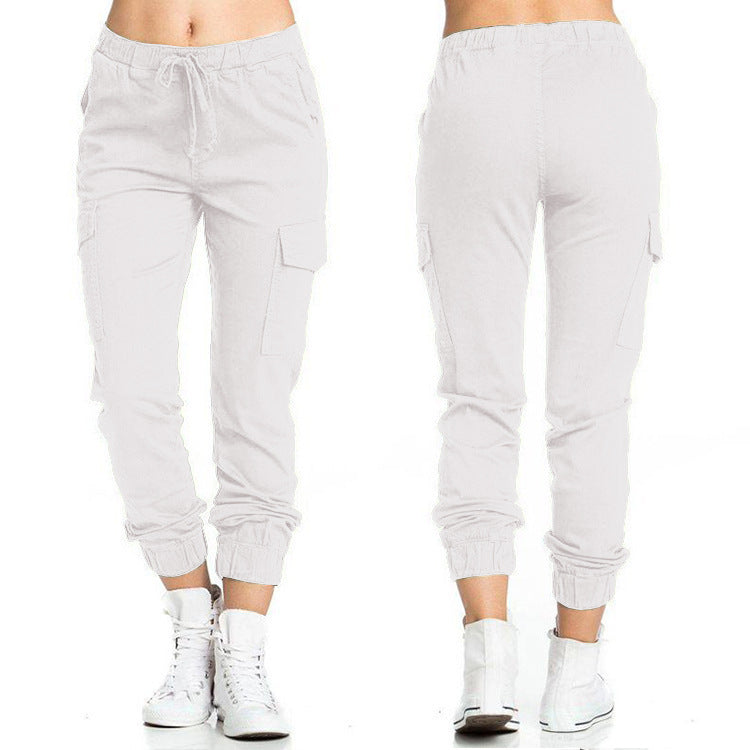 New Solid Jogger Women's Cargo Pants Multi-Pocket Drawstring Elastic Waist Women Sports Pants Streetwear Casual Long Pant