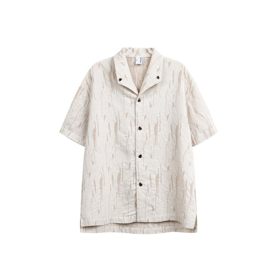 Textured Linen-Cotton Cuban Collar Shirt Men's Short Sleeve Shirt