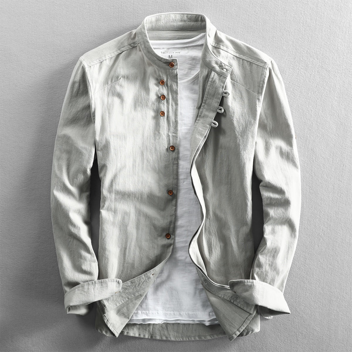 New men's casual linen shirt in autumn and winter, Chinese style stand up collar cotton linen shirt