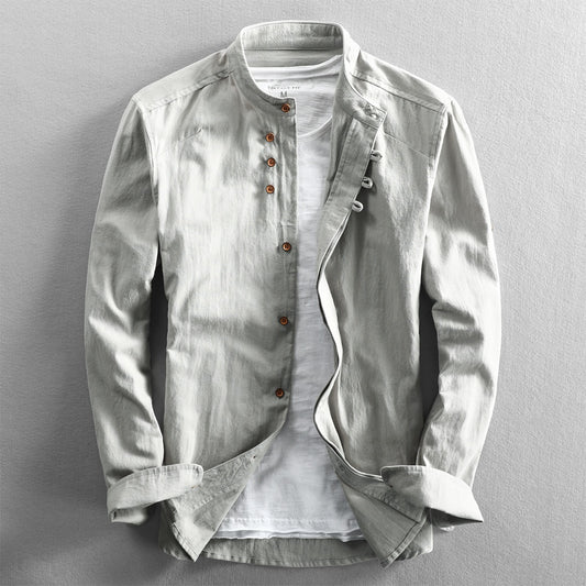 New men's casual linen shirt in autumn and winter, Chinese style stand up collar cotton linen shirt