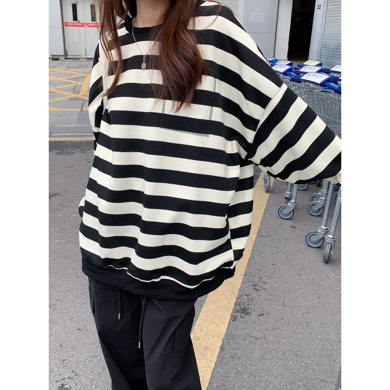 Relaxed Striped Crew Neck Sweatshirt for Women